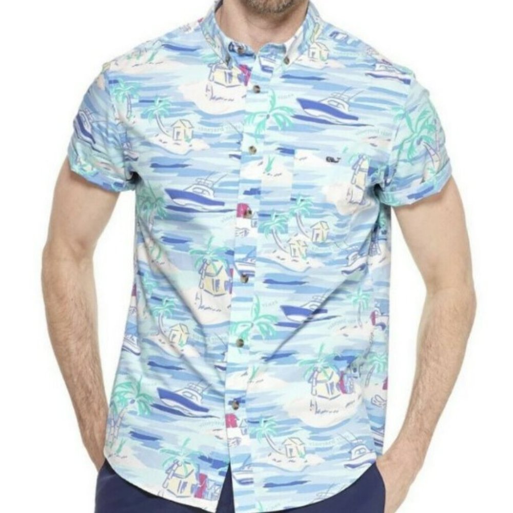 Vineyard Vines Island Scene Short Sleeve Woven Button-Down Summer Shirt Size S